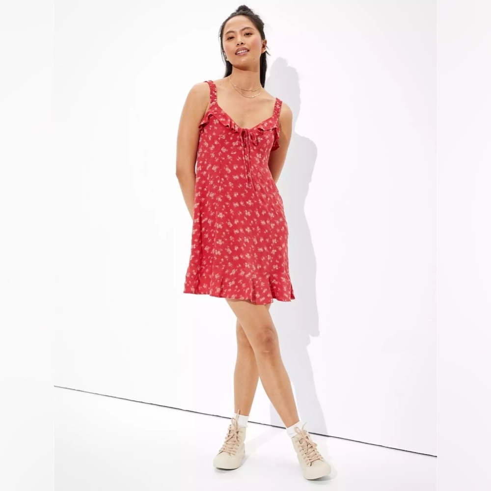 AMERICAN Eagle Women’s Size XXL Red Floral Ruffle Mini Dress Smocked Waist Tank